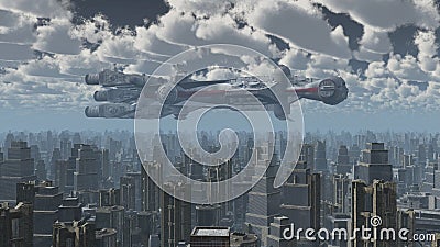 Huge spaceship over a big city Cartoon Illustration