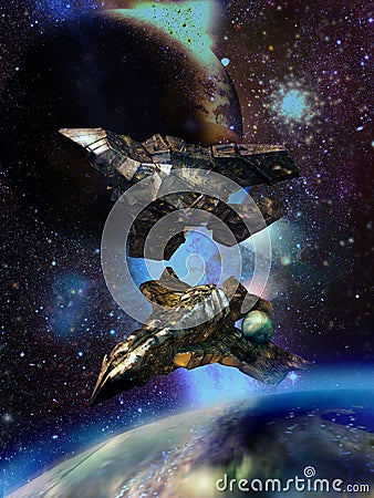 Huge spaceships close to alien planets Stock Photo