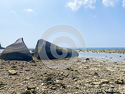 Huge split stone appeared at low tide. Stock Photo