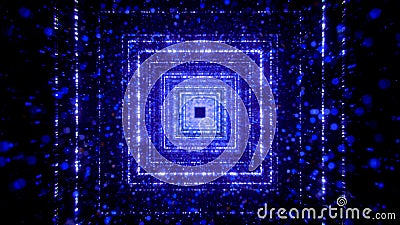 Huge squares with small particles floating around. Motion. Most of the geometric shapes that make up the tunnel that Stock Photo