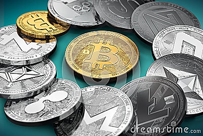Huge stack of cryptocurrencies in a circle with a golden bitcoin in the middle Cartoon Illustration