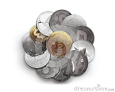 Huge stack of different cryptocurrencies isolated on white background with a golden bitcoin on the top Cartoon Illustration