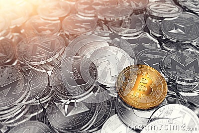 Huge stack of physical cryptocurrencies with Bitcoin on the front as the leader of new virtual money. Stock Photo