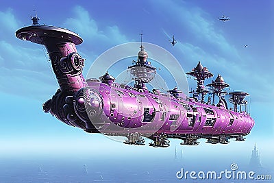 A huge steampunk airship 3d retro technology illustration fantastic wallpaper. Generative Ai Cartoon Illustration