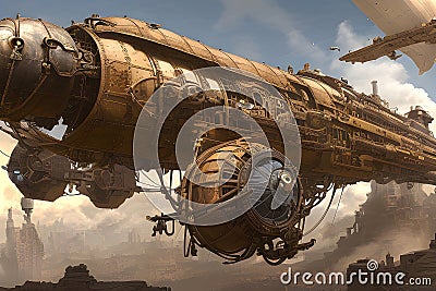 A huge steampunk airship 3d retro technology illustration fantastic wallpaper. Generative Ai Cartoon Illustration