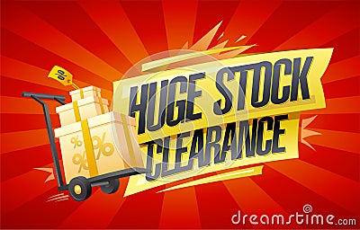 Huge stock clearance banner mockup with boxes on a shopping cart Vector Illustration
