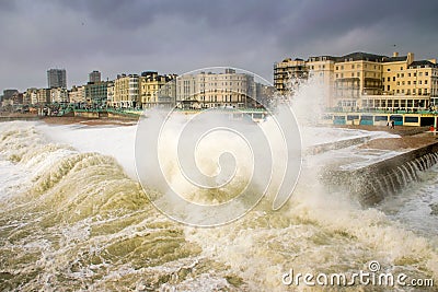 Storm Desmond rough sea waves Brighton beach promenade. Editorial Stock Photo