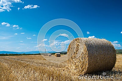 Huge straw bales near roadside at summertime, blue summer sky with white clouds Stock Photo