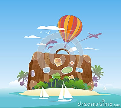 Huge suitcase on a tropical island. Vector Illustration