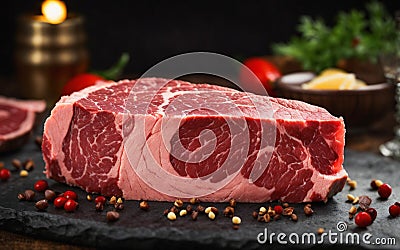 A huge, thick piece of raw, marble, elite veal on a dark background with spices. AI generation. Stock Photo
