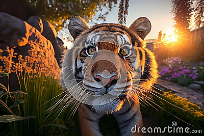 A huge tiger looks at the camera in the jungle. AI Generated Stock Photo
