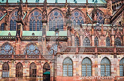 Huge tower and elegant exterior architecture of Notre dam of Strasbourg cathedral in Strasbourg, France Stock Photo