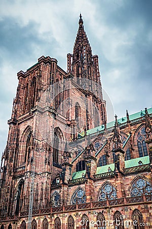 Huge tower and elegant exterior architecture of Notre dam of Strasbourg cathedral in Strasbourg, France Stock Photo