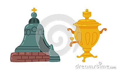 Huge Tsar Bell and Samovar Metal Pot as Russian Symbol Vector Set Vector Illustration
