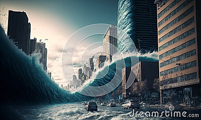 Huge tsunami destroying a city. Dramatic scenery with a big wave flooding the lanscape. Natural disaster concept art Stock Photo