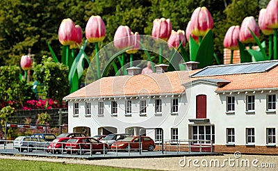 Huge tulips behind miniature house Editorial Stock Photo