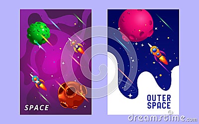 huge universe vector brochure cards. Outline outer space rocket template of flyear, magazines, posters, book cover, banners. Vector Illustration