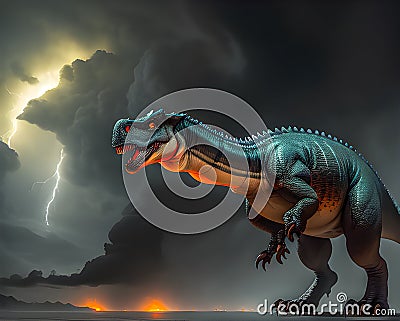 Huge vicious angry roaring dinosaur with chaotic background Stock Photo