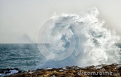 Huge wave explosion close up HDR effect, big wave, storm in the sea, stormy day and big waves in the sea, water sparks, Malta, sto Stock Photo
