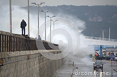 Huge waves flooded Varna breakwater Editorial Stock Photo