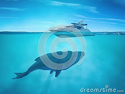 Huge whale near a cruise ship Cartoon Illustration