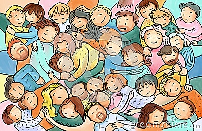 Hugging, cuddling people, group of people on a cuddle party. Cartoon Illustration