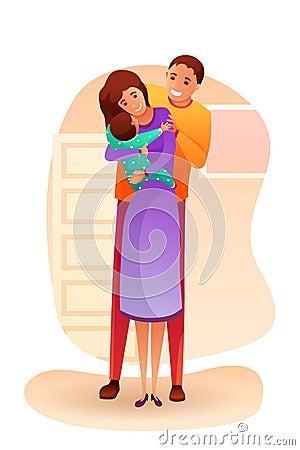 Hugging husband and wife stand with baby in room Vector Illustration