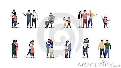 Hugging people. Cartoon friends couples kids and persons in relationship friendly hug, diverse married and romantic Vector Illustration