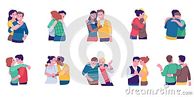 Hugging people. Warm relationships and friendly hugs. Romantic men and women. Partners or lovers meeting. Couples and Vector Illustration