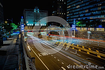 Hugh L.Carey Tunnel in New York at night with long exposure street lights Editorial Stock Photo