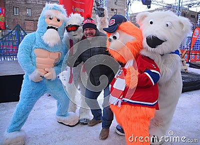 Hugo Girard with Mascot Youppi!, Yeti and Polar bear Editorial Stock Photo