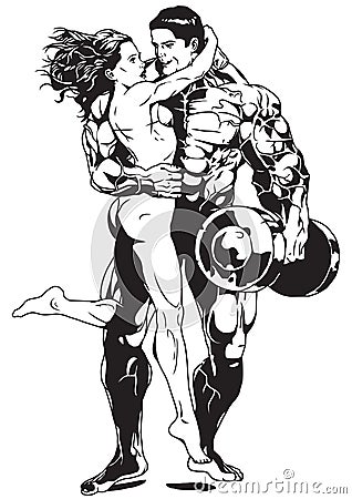 muscular bodybuilder with dumbbells hugs a sexy girl in a bikini Vector Illustration