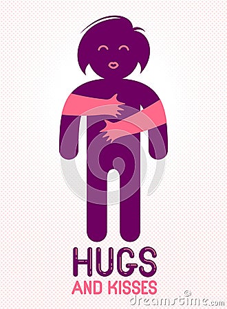 Hugs and kisses with loving hands of beloved person and kissing lips, lover woman hugging her mate and shares love, vector icon Vector Illustration