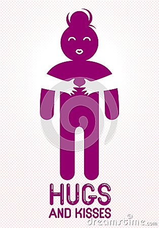 Hugs and kisses with loving hands of beloved person and kissing lips, lover woman hugging her mate and shares love, vector icon Vector Illustration
