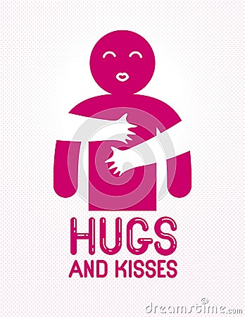 Hugs and kisses with loving hands of beloved person and kissing lips, lover woman hugging his man and shares love, vector icon Vector Illustration