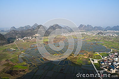 Huixian Glass Field near Guilin, with karst landforms, Guangxi, China Editorial Stock Photo