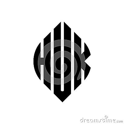 HUK circle letter logo design with circle and ellipse shape. HUK ellipse letters with typographic style. The three initials form a Vector Illustration