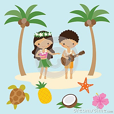 Hula Dancer Girl and Ukulele Boy in Hawaii Vector Illustration