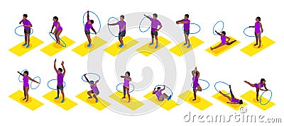 Hula Hoop Fitness Isometric Recolor Set Vector Illustration