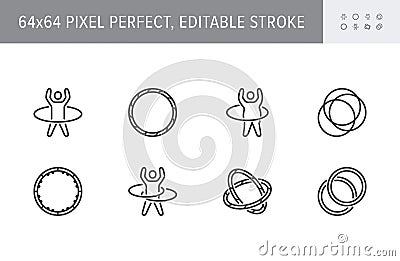 Hula hoop line icons. Vector illustration included icon as happy child with hulahoop, fat man exercise outline pictogram Vector Illustration