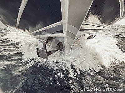 Waves hiting the bow of large ship Stock Photo