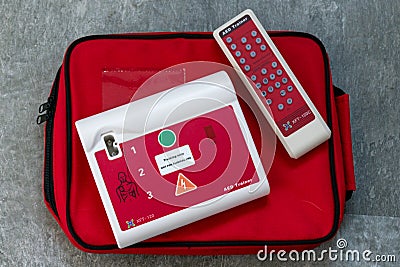 Hull, UK - 6 Feb 2022: Automated external defibrillator, AED machine. A portable life saving device that automatically diagnoses Editorial Stock Photo