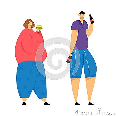 Human Addiction, Overweight Woman with Big Belly Eating Burger, Man Drinking Beer, Obesity, Alcoholism Health Problems Vector Illustration