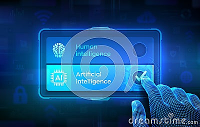 Human or AI choice concept. Human mind vs Artificial Intelligence digital mind. Hand on virtual touch screen ticking the check Vector Illustration