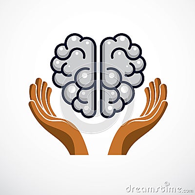 Human anatomical brain with tender defending hands of care. Vector illustration, logo or icon. Care for mental health, careful Cartoon Illustration