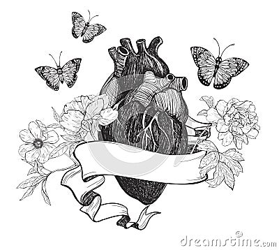 Human anatomical heart whith flowers. Vector Illustration