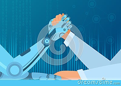 Human arm wrestling with robot. The struggle of man vs robot. Artificial Intelligence vector illustration concept. Vector Illustration