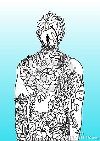 Human body flower man inside spirit power energy abstract art illustration design hand drawn Cartoon Illustration