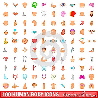 100 human body icons set, cartoon style Vector Illustration