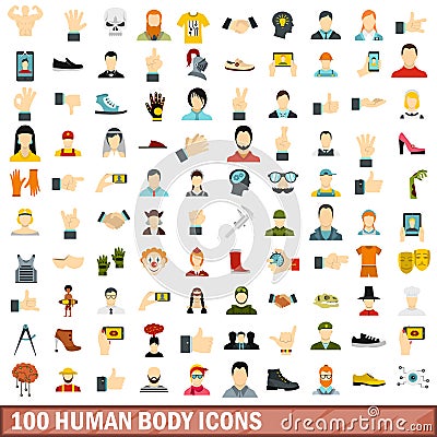 100 human body icons set, flat style Vector Illustration